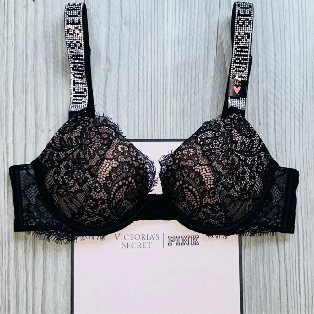 💎VS Very Sexy Black Lace Bling Push Up Bra With Matching Garter Belt Set NWT✨